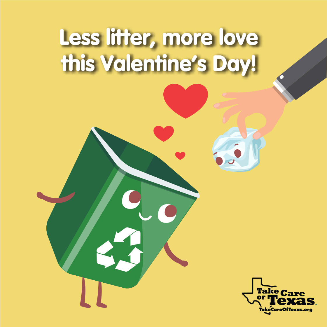 Recycling bin with the text "Less litter, more love this Valentine's Day!"