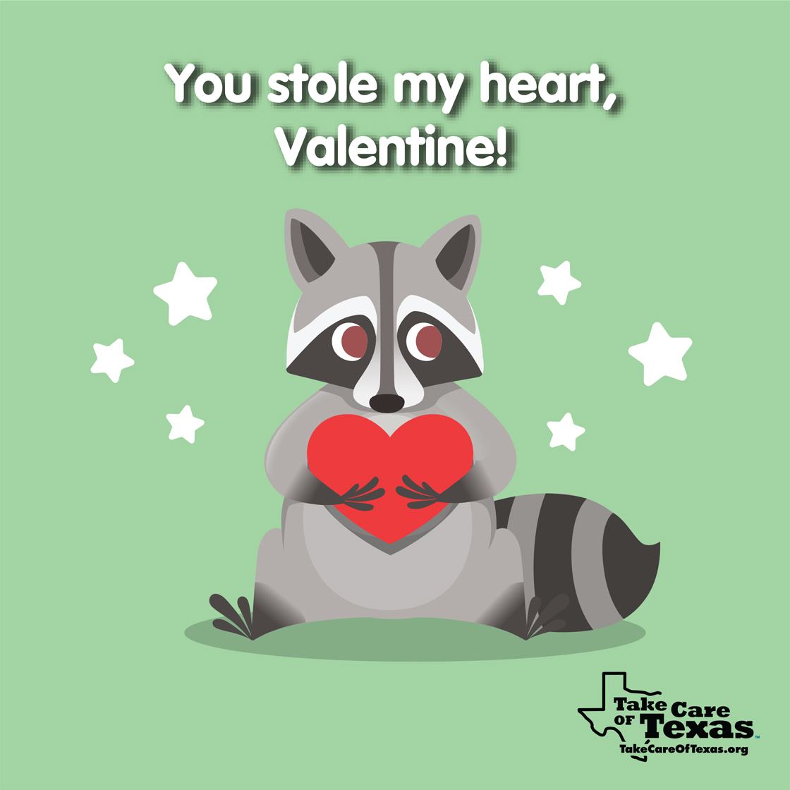 Raccoon with the text "You stole my heart, Valentine!"