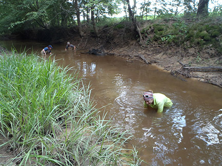 team in a creek taking water samples