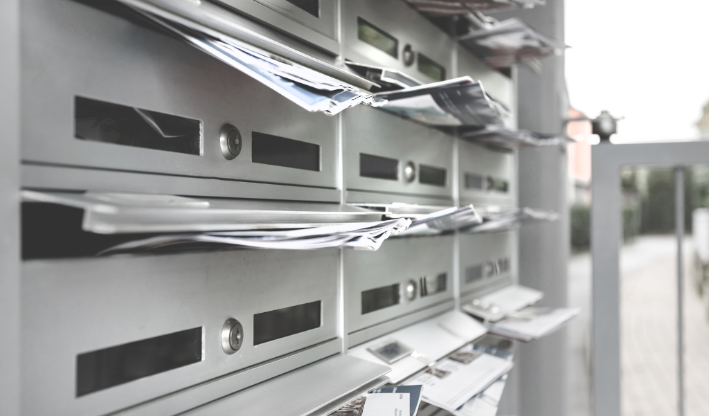 mailboxes overflowing with paper items