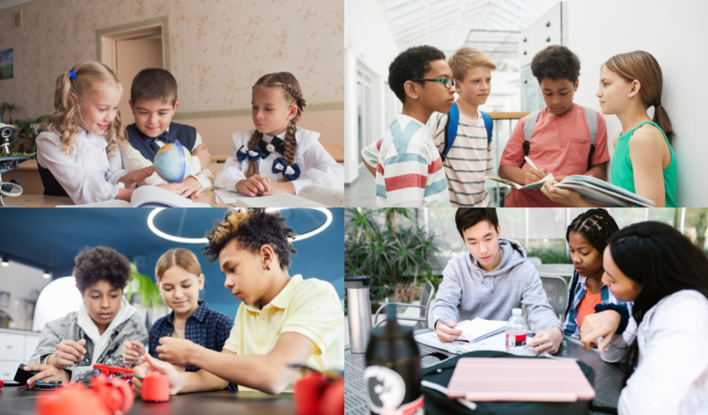 Four pictures together showing students working together.
