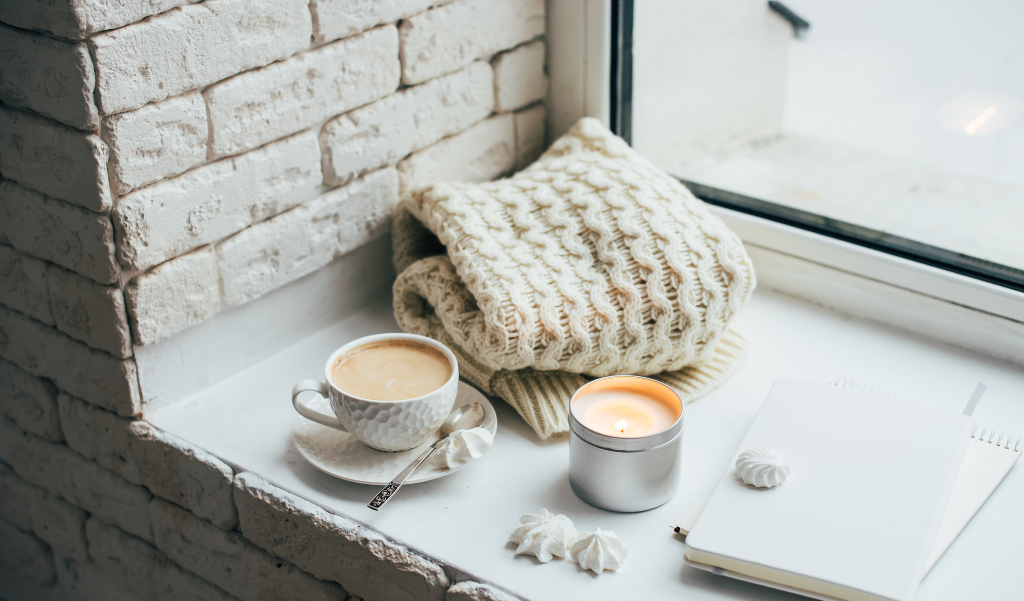 cozy windowsill with coffee cups