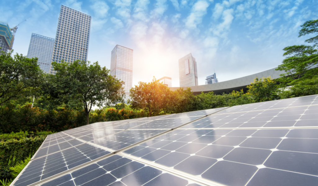 Solar panel under a sunrise