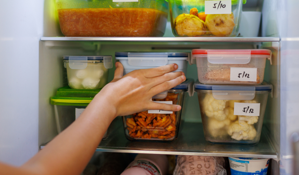 refrigerator with organized, labeled leftovers. 