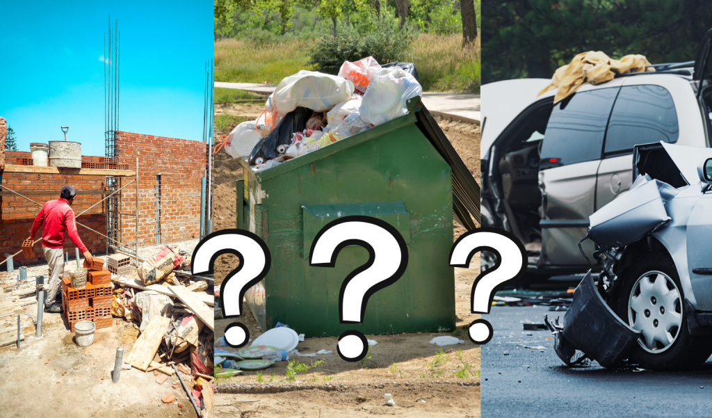 image of a work site, a dumpster, and a car wreck