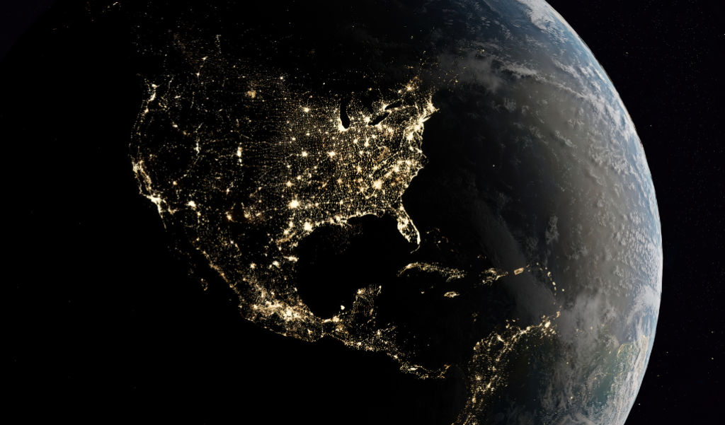 Satellite image of North America at night.