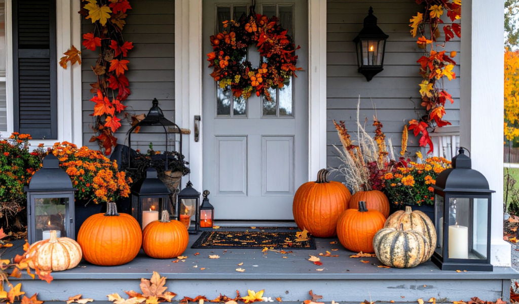 Porch filled with pumpkins and other fall decor