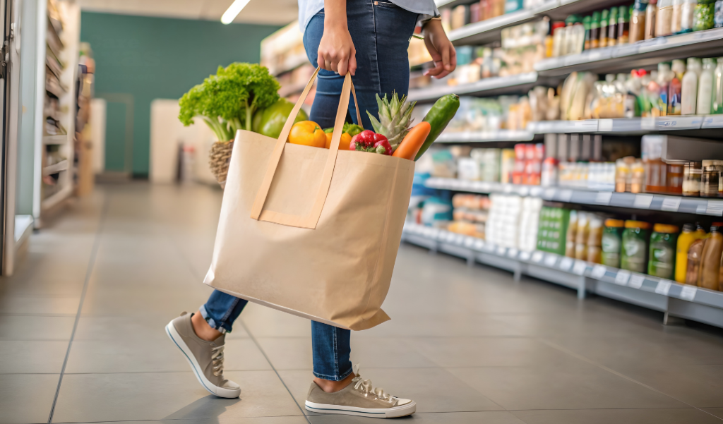 Woman carrying a bag of groceries.
