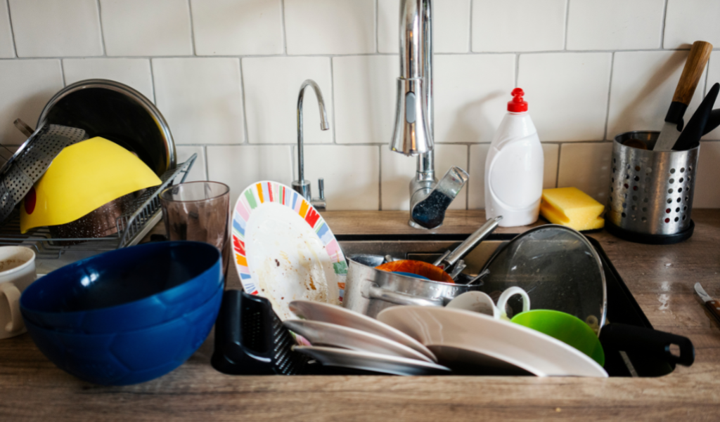 Dirty dishes in a sink
