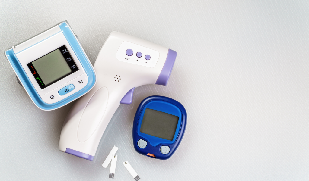 Pulse oximeter, digital thermometer, and blood glucose monitor.