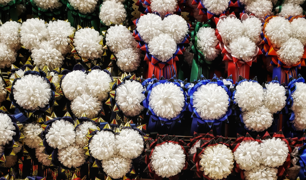 A large display of mums and different colored ribbons