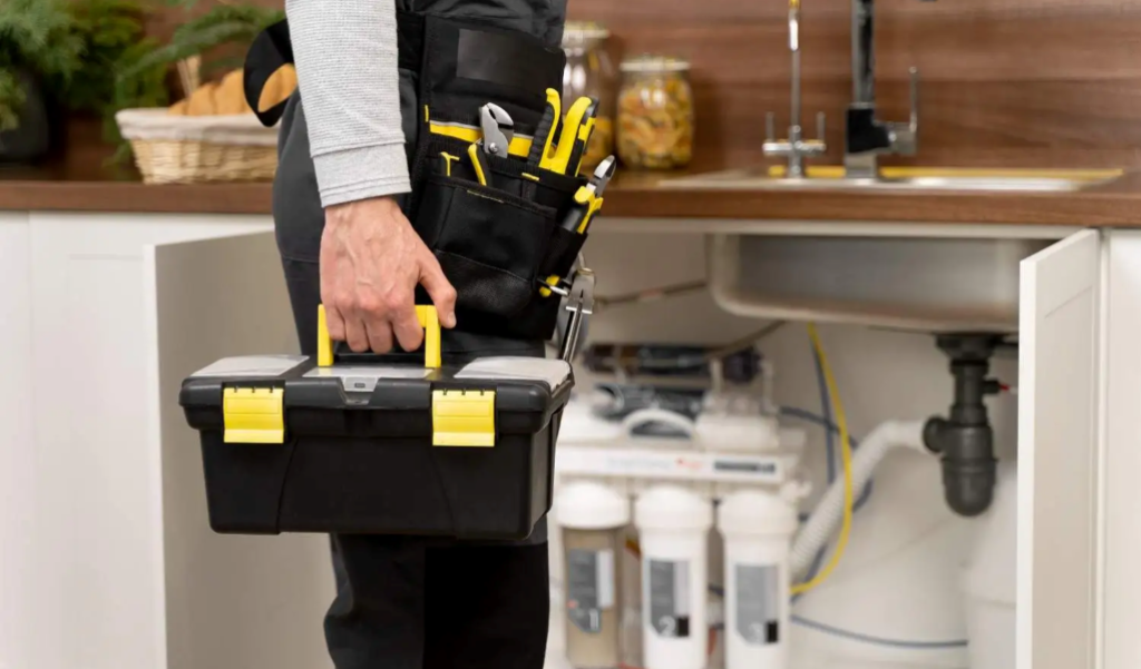 Someone fixing the sink with tools