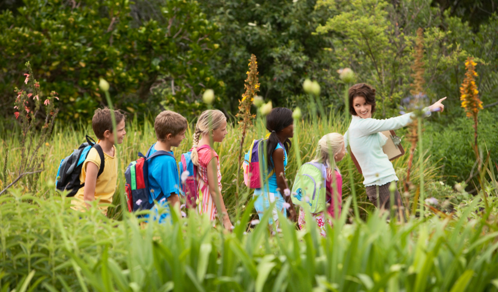 Students learning outdoors with teacher.