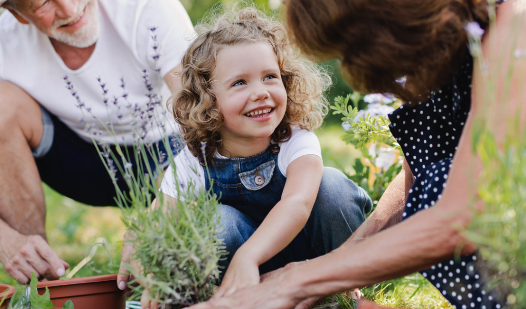 grandparents garden with a grandchild