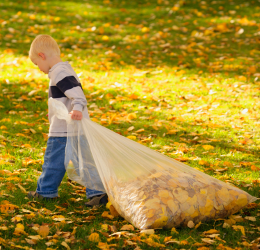 boy dragging a bag of leaves