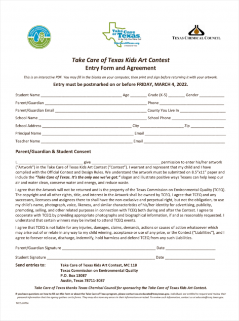 Take Care of Texas Kids Art Contest Entry Form and Agreement