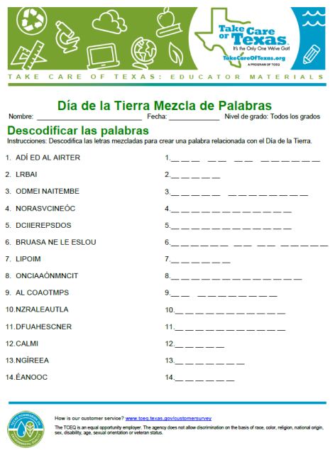 earth day unscramble spanish