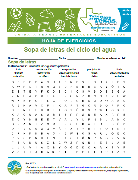 Sopa de letras del ciclo del agua para grados