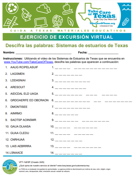 Estuary Systems Spanish worksheet