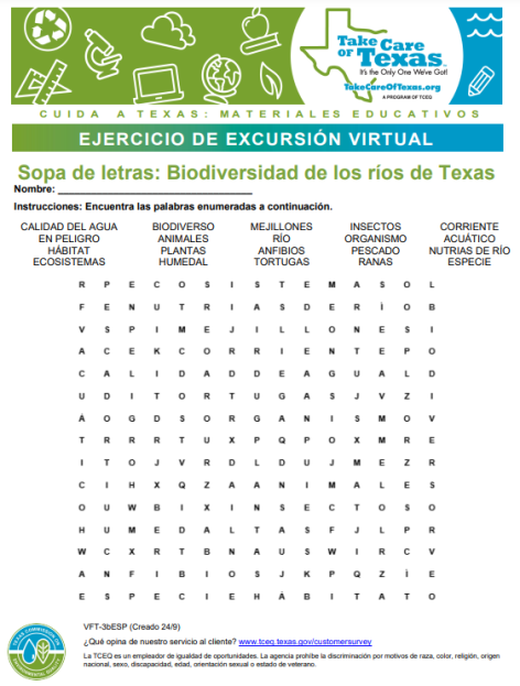 Texas River Biodiversity Spanish worksheet