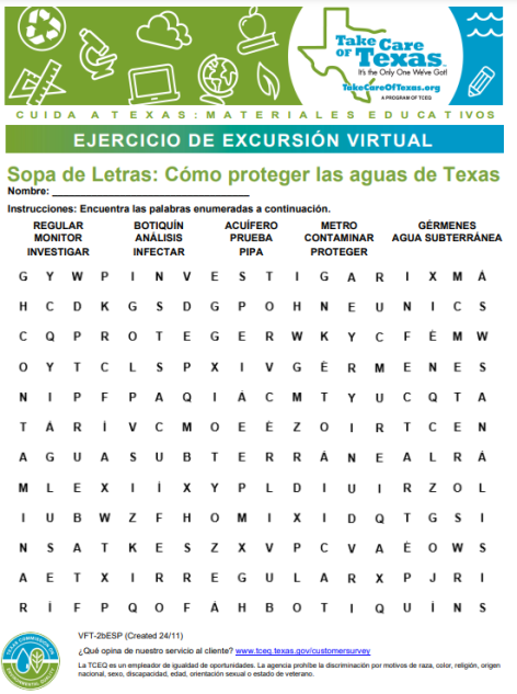 Sopa de Letras Cómo proteger las aguas de Texas