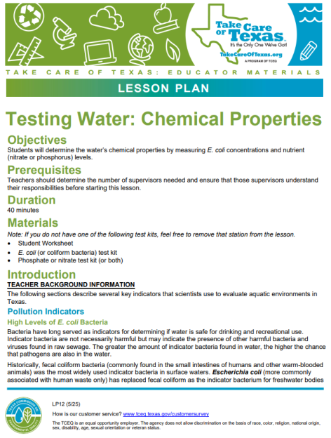 testing water chemical properties lesson plan