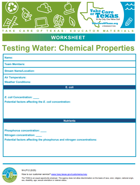 testing water chemical properties worksheet