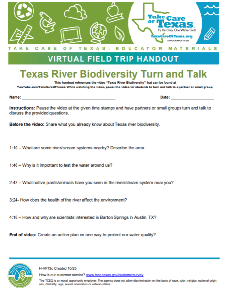 Texas River Biodiversity Turn and Talk Handout