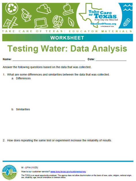 testing water data analysis worksheet