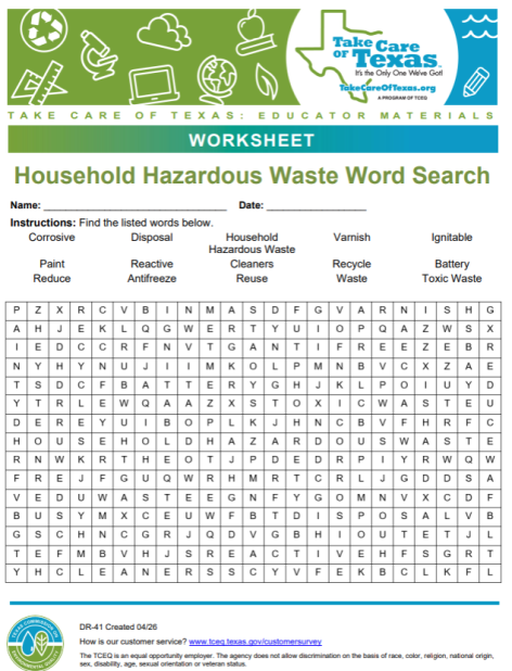 Household Hazardous Waste Word Search