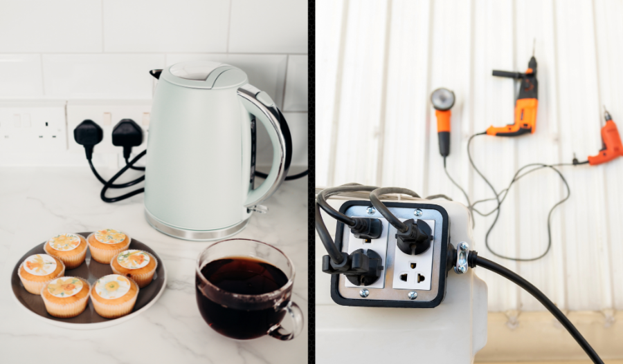 Two pictures showing a coffee maker and tools plugged into an outlet.