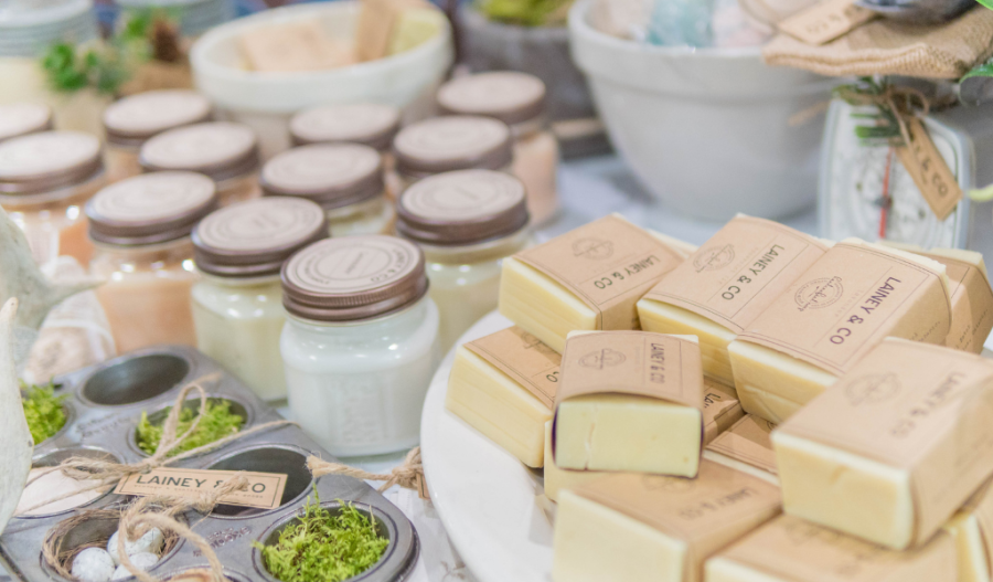 Different hand soaps spread over a table.