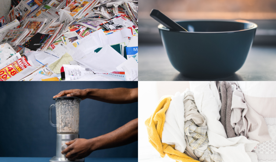 Collage of materials needed including paper, a bowl of water, a blender, and towels.