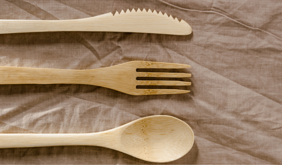 Bamboo utensils including a knife, fork, and spoon