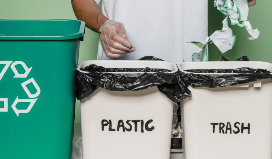 Recycling, plastic, and trash bins