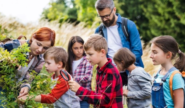adults with kids look at plants