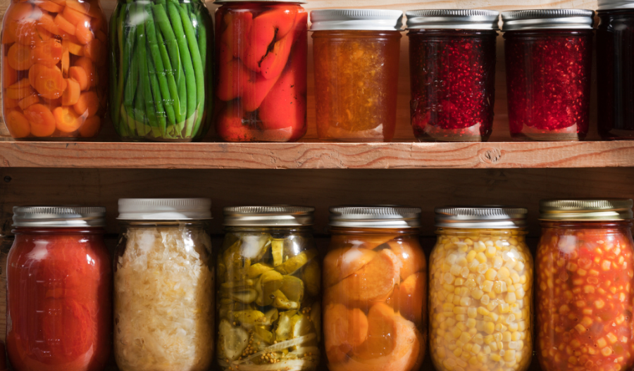 Various canned foods in a pantry