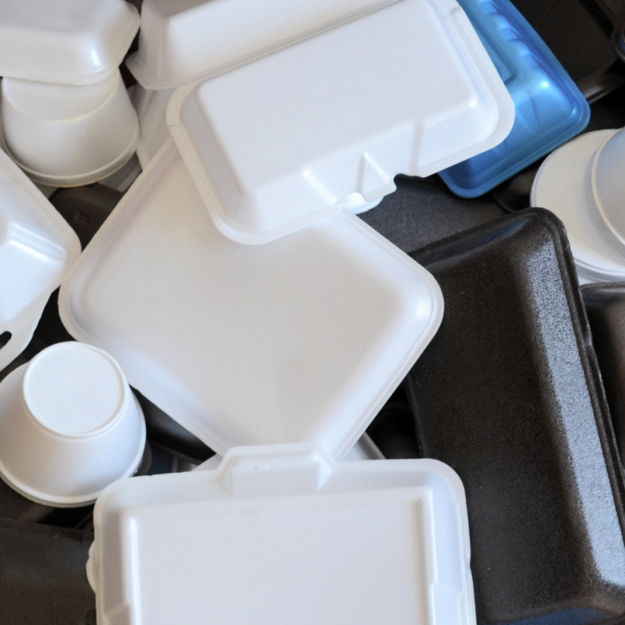 Pile of styrofoam takeout containers.