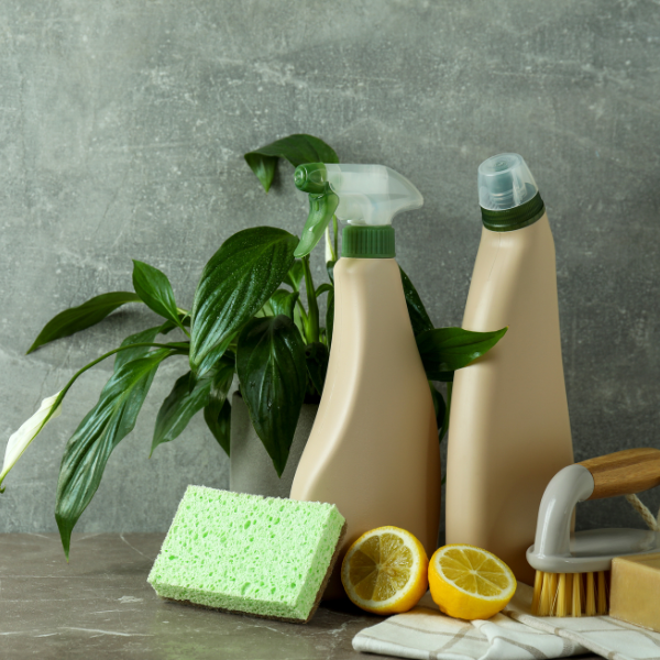 Eco-friendly at home cleaners and reusable sponge and brush
