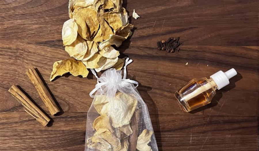 Ingredients for a rose perfume satchel