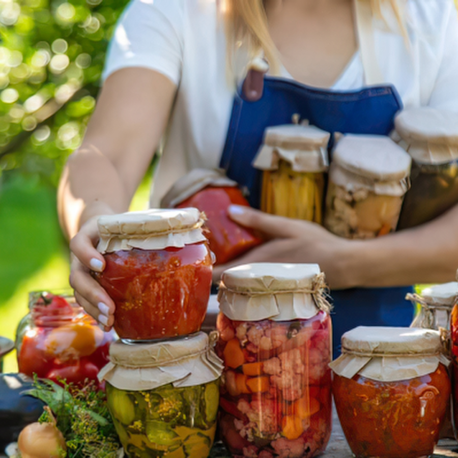 an array of jarred preserved vegetables 