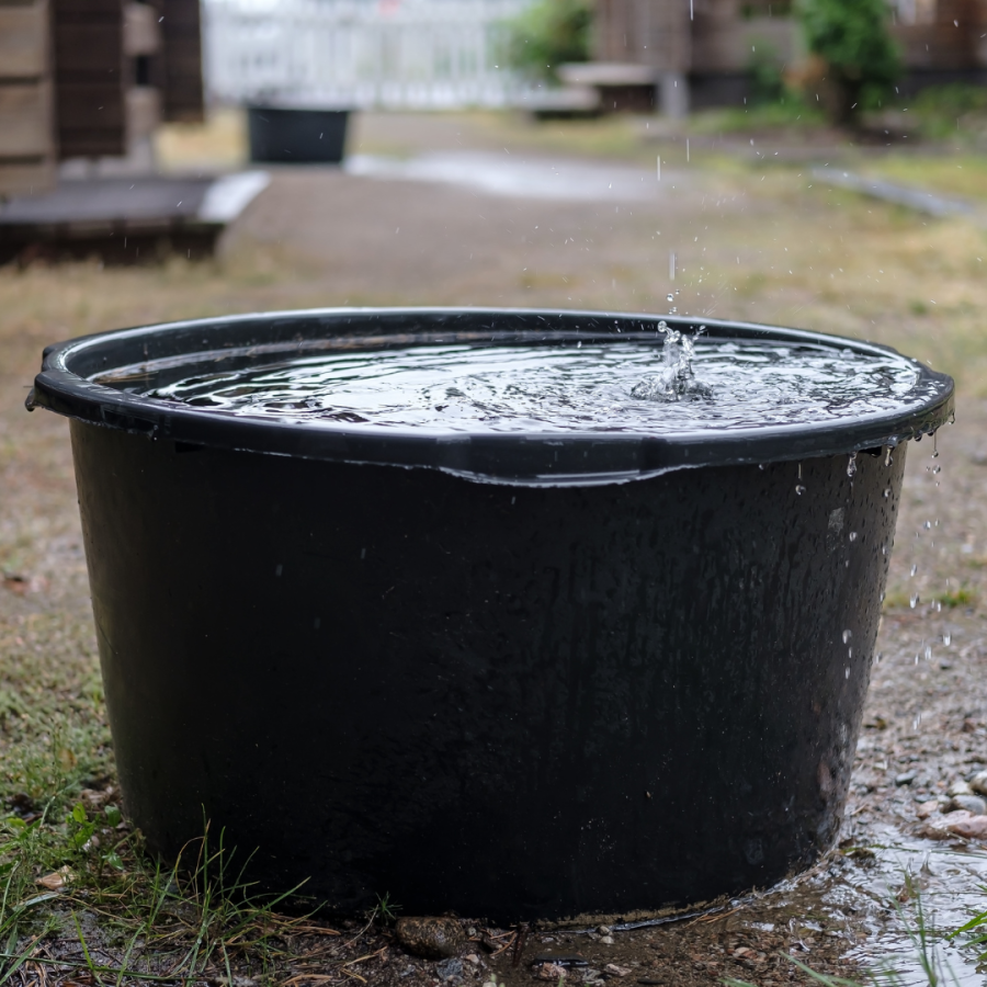 a large bucket filling with rainwater