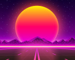 Retro future image of a road going toward a sundown behind the mountains